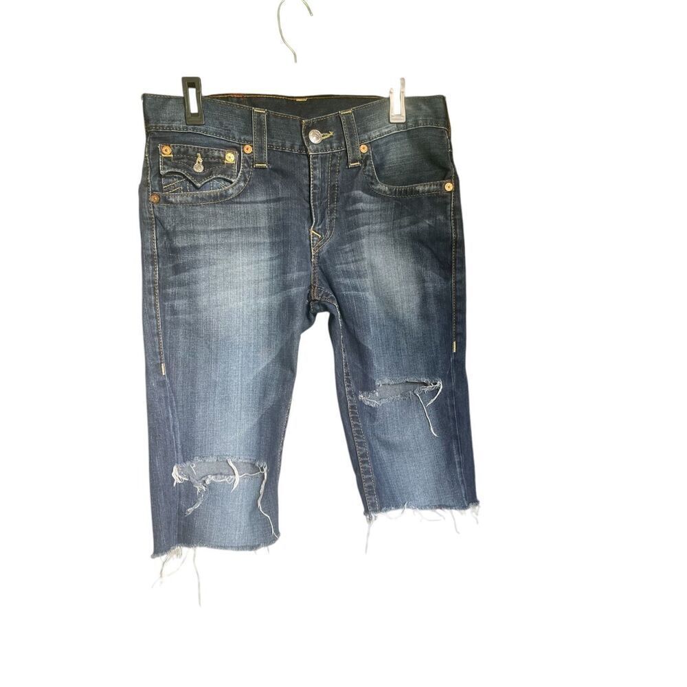 True Religion World Tour Distressed Denim Cut off Shorts Size 31